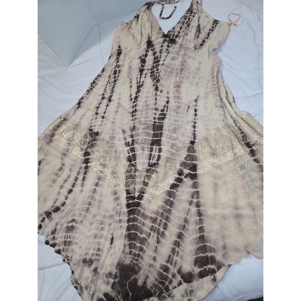 Boho Sacred Threads XLTie Dye Halter Dress Overdyed Jacquard Brown Shimmer Rayon